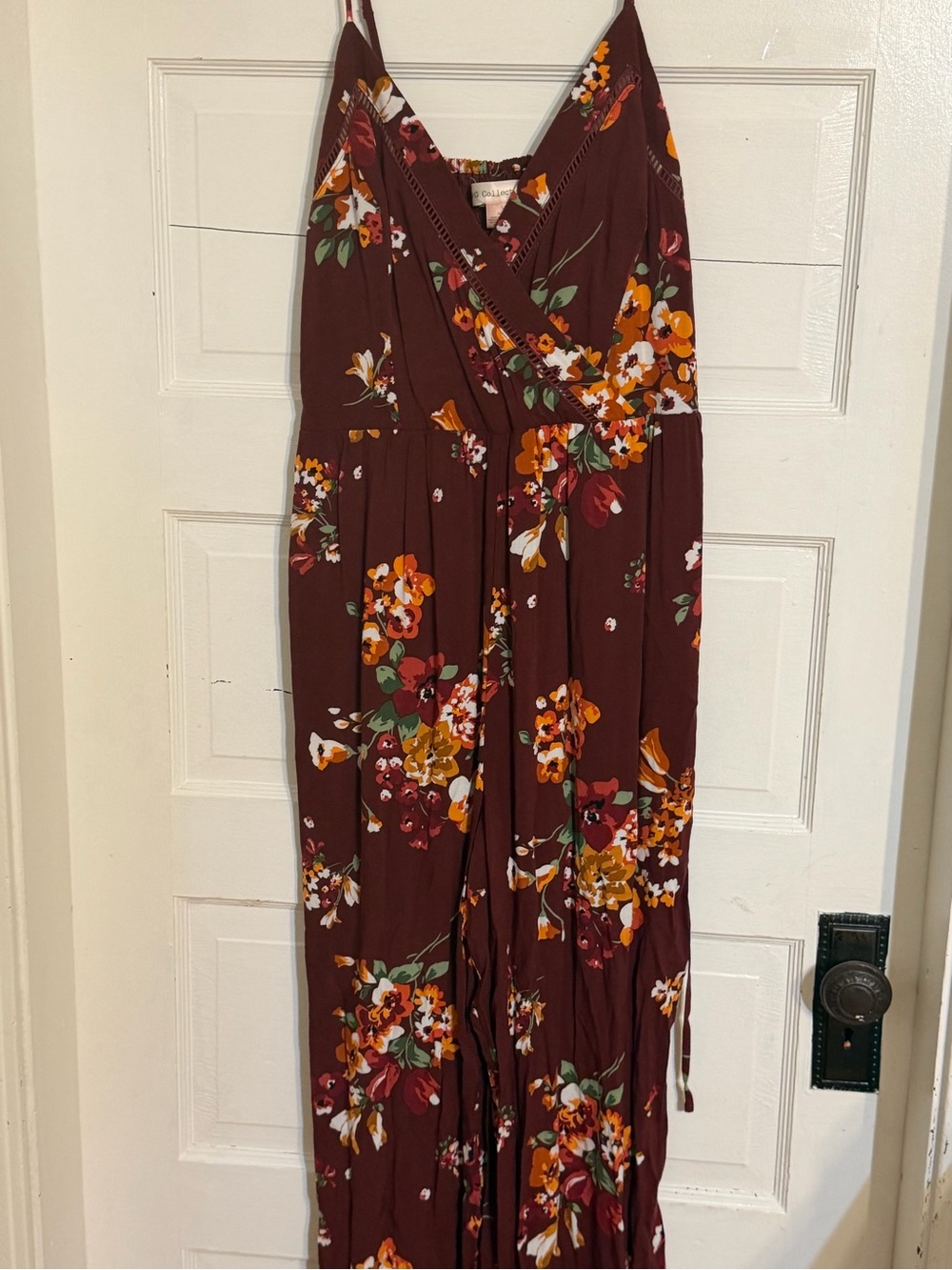 Floral Burgundy Wrap-Front Jumpsuit with Spaghetti Straps